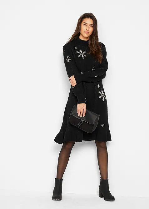 Strickkleid mit Schneeflocken-Print in schwarz im Look von vorne (Totalaufnahme) - bonprix