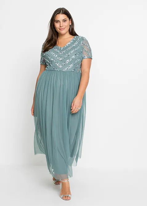 Maxikleid mit Paillettenstickerei in petrol von vorne (Totalaufnahme) - bonprix