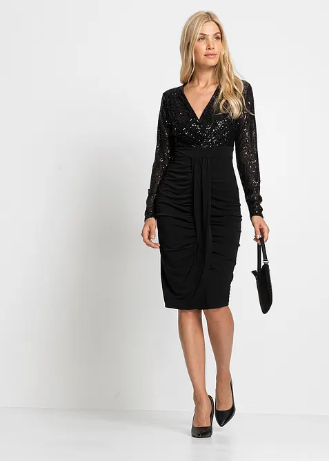 Jerseykleid mit Pailletten und Drapierung in schwarz im Look von vorne (Totalaufnahme) - bonprix