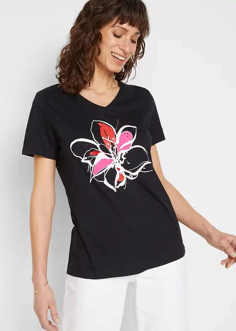 Shirt mit floralem Druck in schwarz von vorne (im Anschnitt) - bonprix