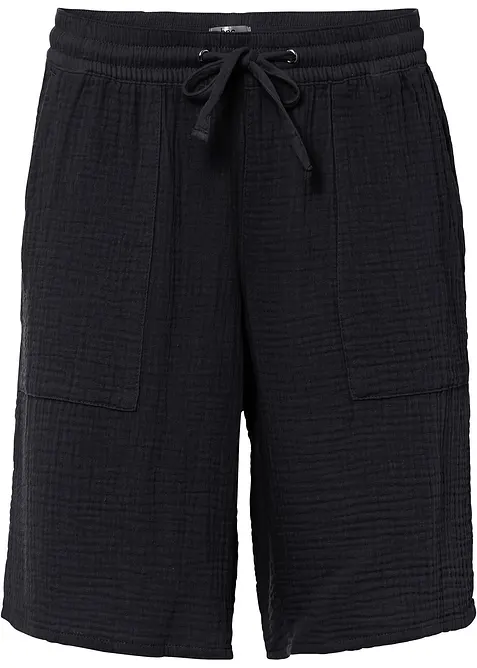 Musselin-Schlupf-Bermuda aus reiner Baumwolle in schwarz von vorne - bonprix