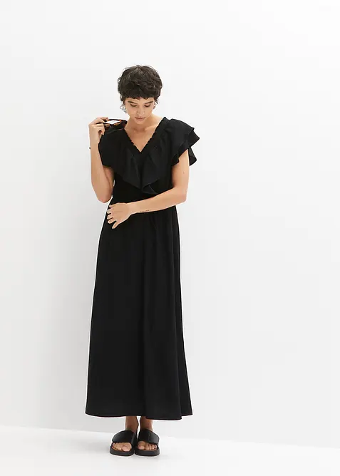 Maxikleid mit Volant in schwarz im Look von vorne (Totalaufnahme) - bonprix