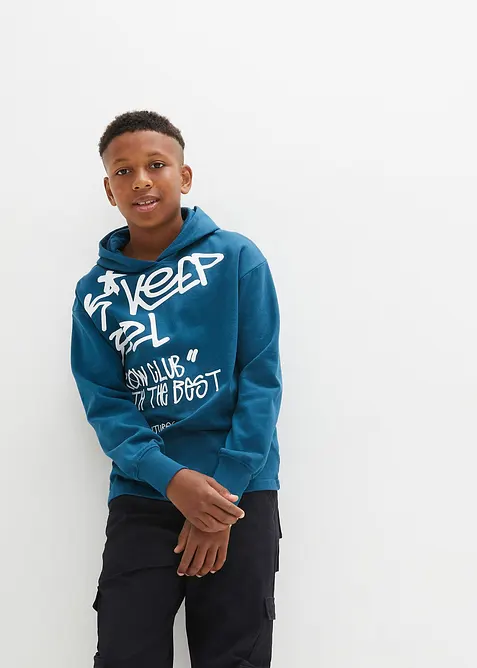 Hoodie mit Graffiti-Print aus reiner Bio-Baumwolle in petrol von vorne (im Anschnitt) - bonprix