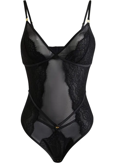 Stringbody mit feiner Spitze in schwarz von vorne - bonprix