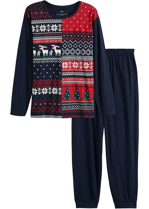Pyjama aus reiner Baumwolle mit langen Ärmeln in blau von vorne - bonprix