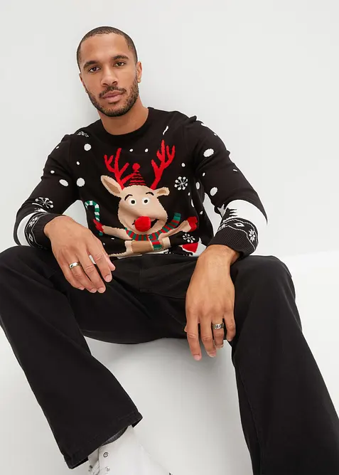 Feinstrickpullover mit Weihnachtsmotiv in schwarz von vorne (im Anschnitt) - bonprix