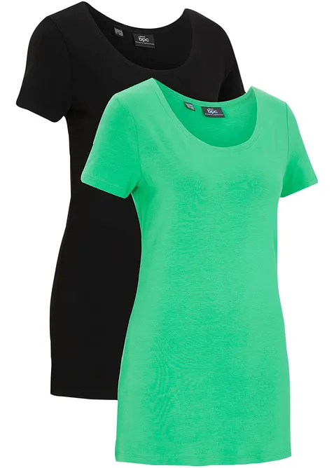 Longshirt aus elastischen Baumwoll-Mix (2er Pack) in grün von vorne - bonprix