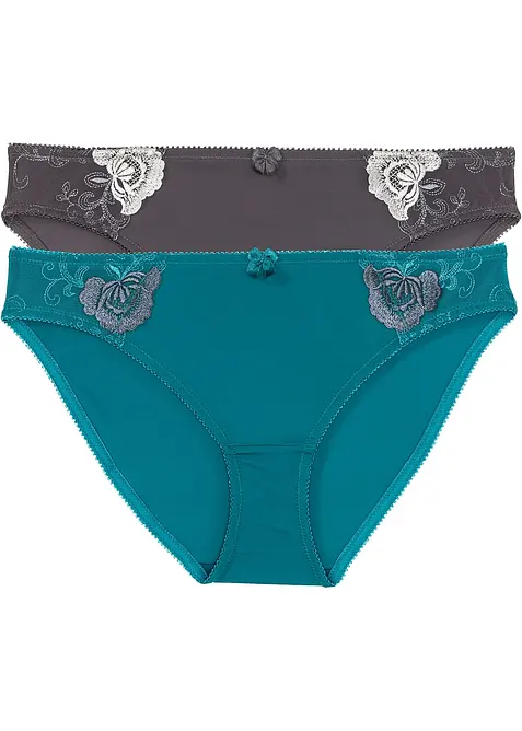Slip mit Stickerei (2er Pack) in petrol von vorne - bonprix