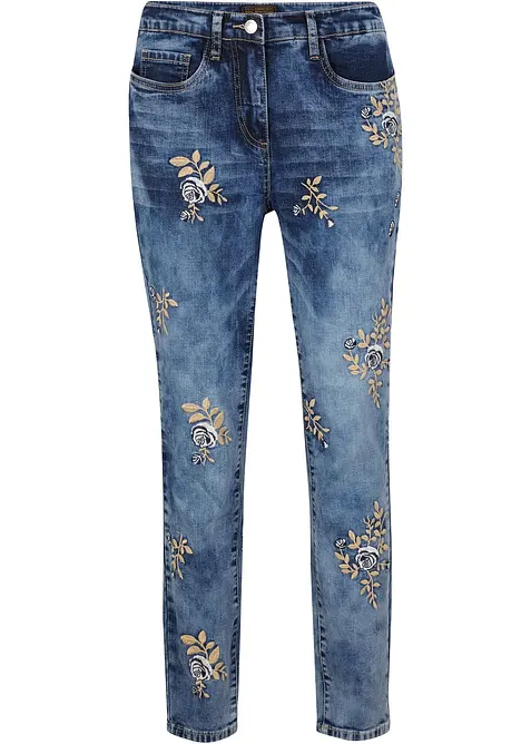 Slim-Fit-Jeans mit floraler Stickerei in blau von vorne - bonprix