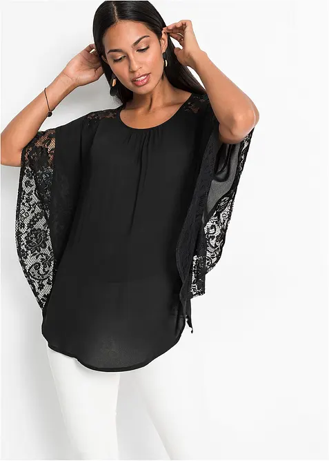 Bluse mit Spitzendetails in schwarz von vorne (im Anschnitt) - bonprix