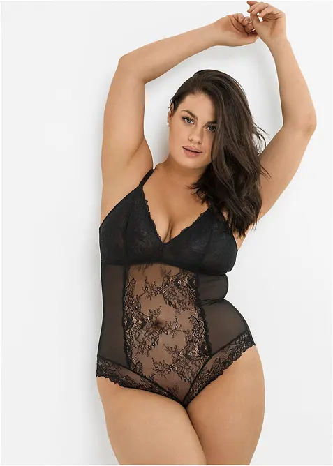 Body aus Spitze mit recyceltem Polyamid in schwarz von vorne (Totalaufnahme) - bonprix