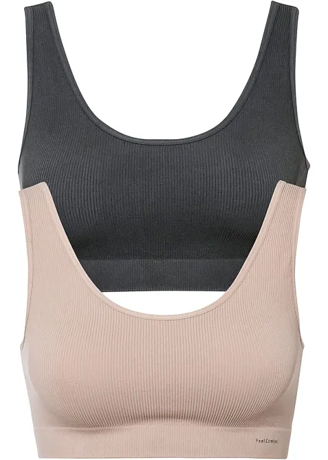 Geripptes Feel Comfort Seamless Bustier (2er Pack) in grau von vorne - bonprix