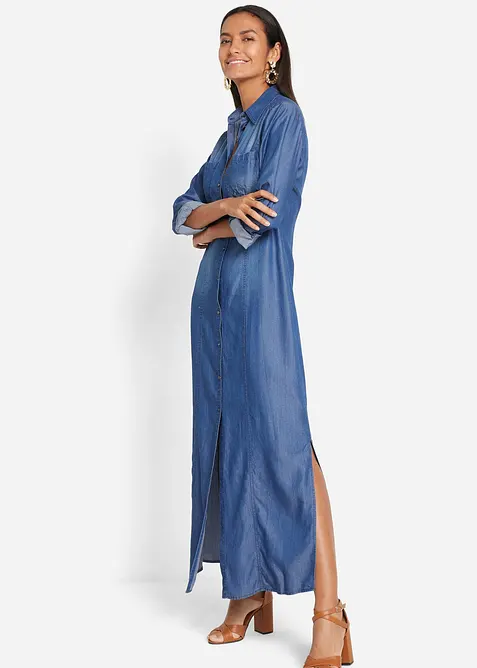 Hemdblusenkleid aus Lyocell in blau im Look von vorne (Totalaufnahme) - bonprix