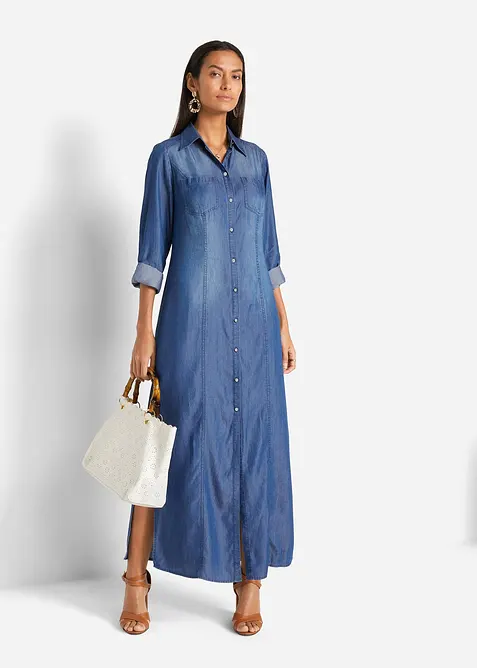 Hemdblusenkleid aus Lyocell in blau von vorne (Totalaufnahme) - bonprix