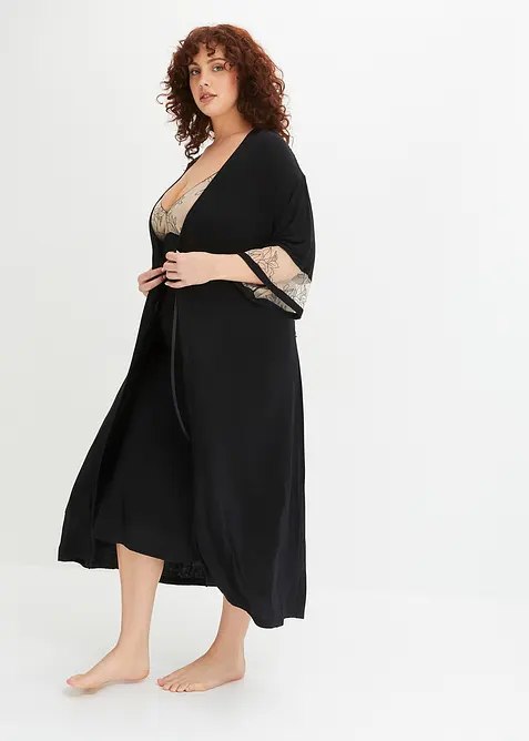 Langer Viskose Kimono mit Stickerei in schwarz von vorne (Totalaufnahme) - bonprix