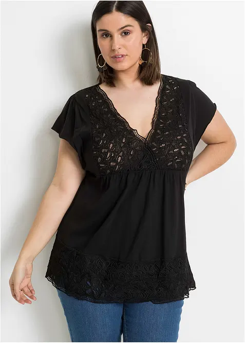 Shirt aus Materialmix in schwarz von vorne (im Anschnitt) - bonprix