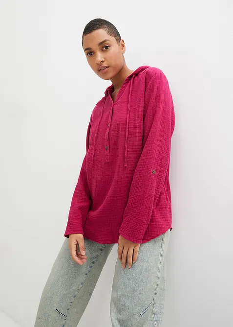 Musselin-Bluse aus reiner Baumwolle in pink von vorne (im Anschnitt) - bonprix