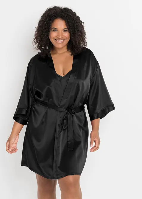 Morgenmantel-Set: Kimono + Negligé (2-tlg.Set) in schwarz von vorne (Totalaufnahme) - bonprix