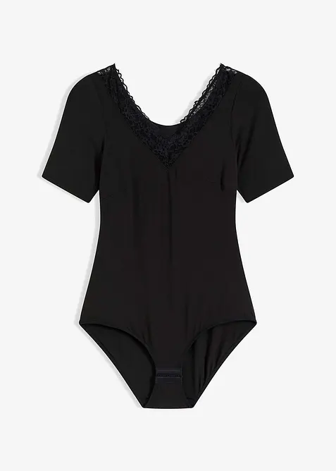 Halbarm-Body aus weichem Modal mit Spitze in schwarz von vorne - bonprix