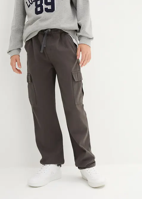 Loose Fit Cargo-Schlupfhose aus reiner Baumwolle, Straight in grau von vorne - bonprix