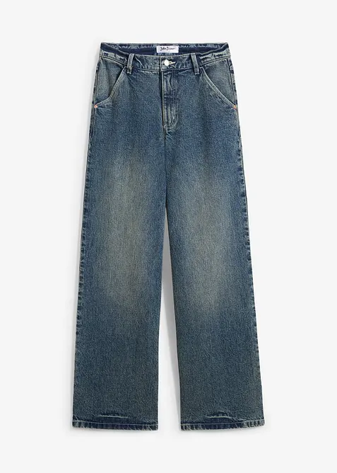 Wide Leg Jeans High Waist, Low Stretch in blau von vorne - bonprix