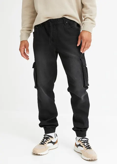 Slim-Fit Cargo-Jeans-Jogger mit Dehnbund, Straight in schwarz von vorne - bonprix
