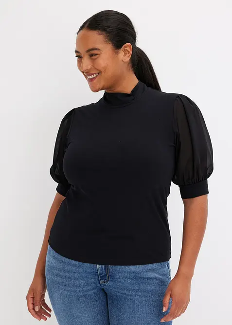 Shirt aus elastischem Baumwoll-Mix in schwarz von vorne (im Anschnitt) - bonprix