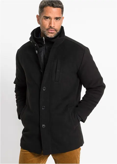 Winterjacke mit Windfang in Wolloptik in schwarz von vorne (im Anschnitt) - bonprix