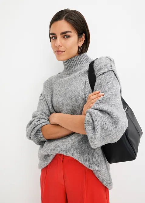 Grobstrick-Pullover mit hohem Kragen in grau von vorne (im Anschnitt) - bonprix