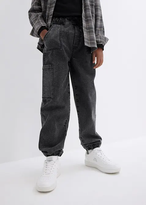 Loose Fit Schlupf-Cargo-Jeans mit Stretchanteil in grau von vorne - bonprix