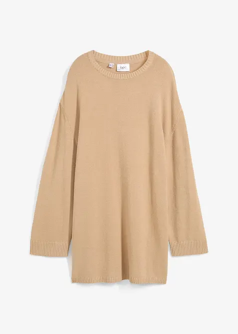 Long-Feinstrickpullover mit Seitenschlitzen aus Viskose-Mix in beige von vorne - bonprix