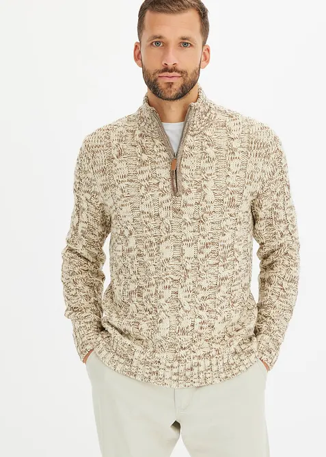 Melierter Troyer mit Zopfmuster in beige von vorne (im Anschnitt) - bonprix