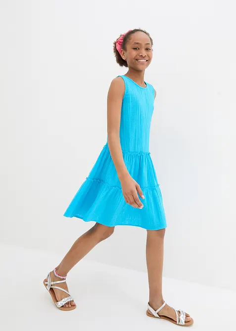 Kleid aus luftigem Musselin in blau von vorne (Totalaufnahme) - bonprix