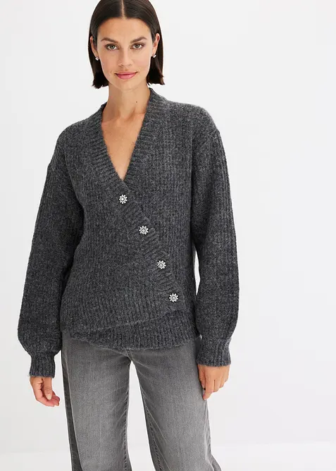 Grobstrickjacke aus weichem Wollmix in grau von vorne (im Anschnitt) - bonprix