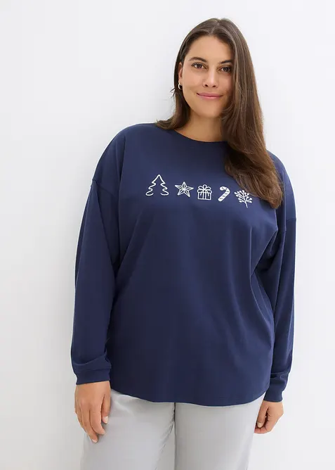 Besticktes Weihnachts-Langarmshirt, oversized in blau von vorne (im Anschnitt) - bonprix