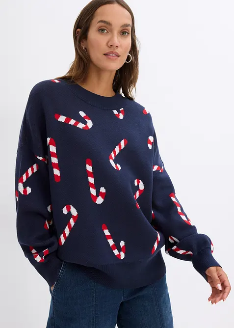 Feinstrickpullover mit Rundhals, oversized in blau von vorne (im Anschnitt) - bonprix