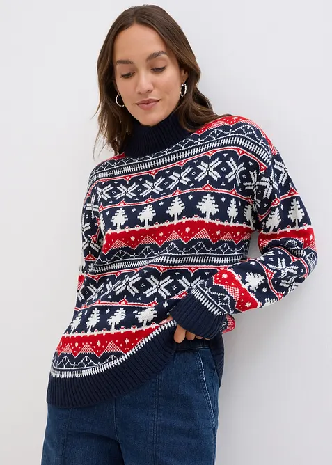 Weihnachtspullover mit Turtleneck in blau von vorne (im Anschnitt) - bonprix