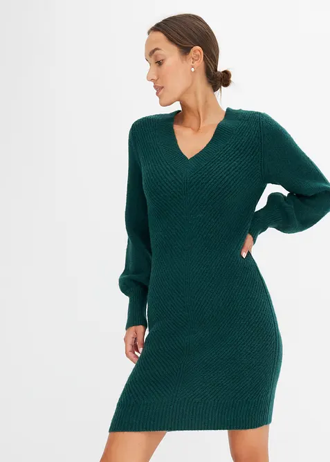 Strickkleid mit Ballonärmeln in grün von vorne (Totalaufnahme) - bonprix