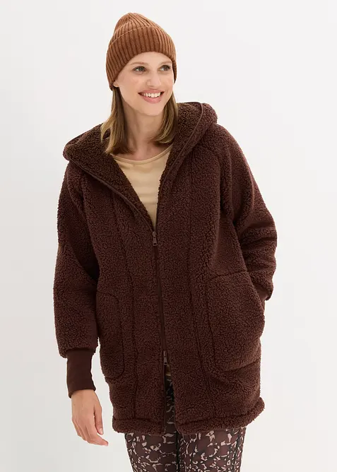 Teddy-Fleece-Jacke in braun von vorne (im Anschnitt) - bonprix