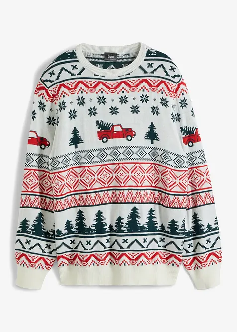 Feinstrickpullover mit Weihnachtsmotiv in weiß von vorne - bonprix