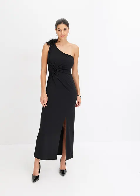 One-Shoulder-Kleid mit Detail aus Kunstfedern in schwarz von vorne (Totalaufnahme) - bonprix