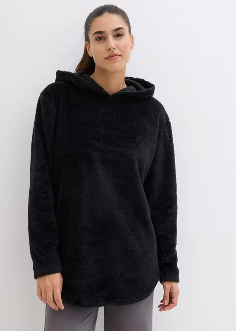 Weit geschnittener Loungewear Kuschel-Fleece Longpullover in schwarz von vorne (im Anschnitt) - bonprix