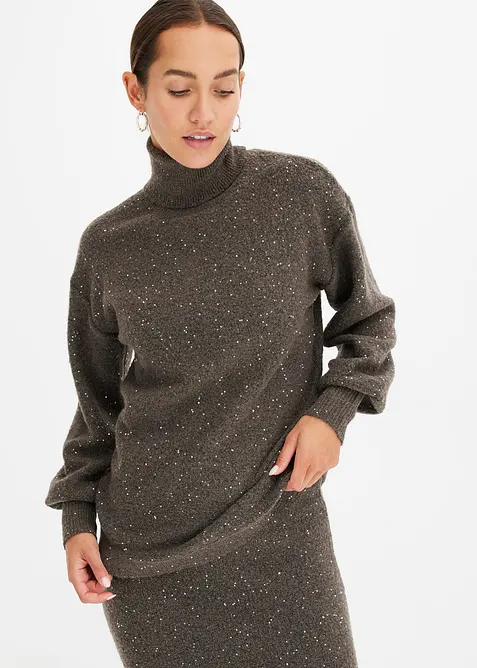 Pullover mit Rollkragen und Pailletten in braun von vorne (im Anschnitt) - bonprix