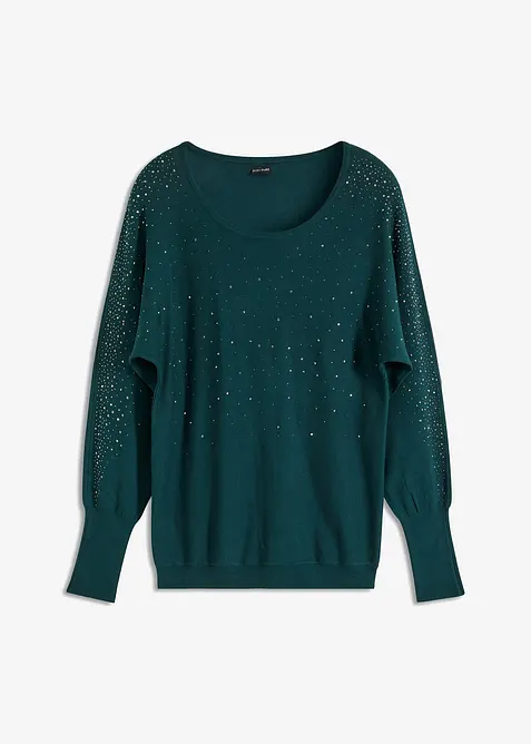 Feinstrickpullover mit Strass-Applikation in grün von vorne - bonprix