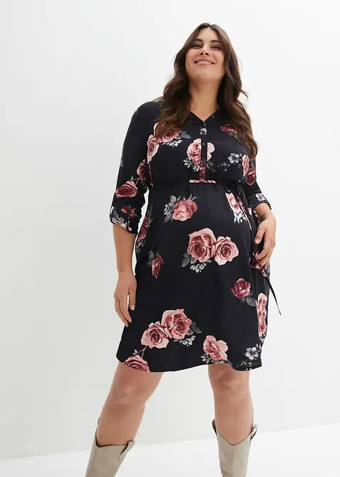 Umstands- und Stillblusenkleid aus fließender Viskose in schwarz von vorne (Totalaufnahme) - bonprix