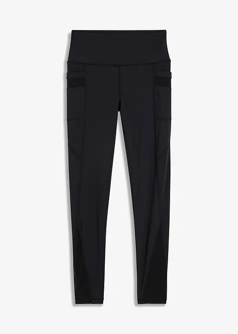 Komfort-Sport-Leggings mit transparentem Mesh und Handytasche in schwarz von vorne - bonprix
