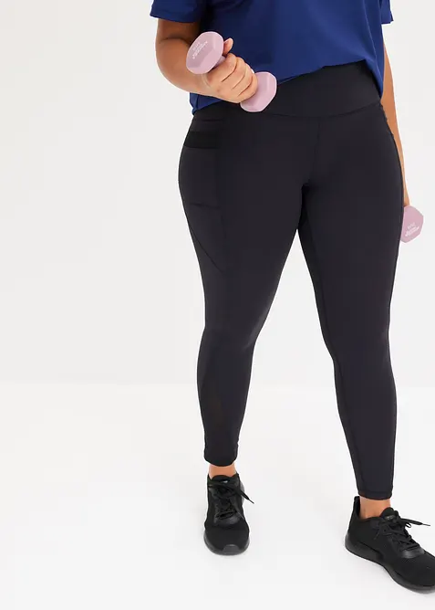 Komfort-Sport-Leggings mit transparentem Mesh und Handytasche in schwarz von vorne - bonprix