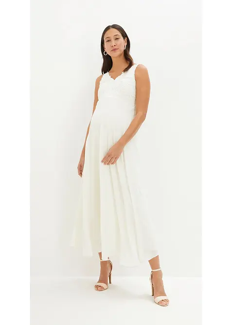 Umstands-Hochzeitskleid aus Spitze, Satin und Georgette in weiß von vorne (Totalaufnahme) - bonprix