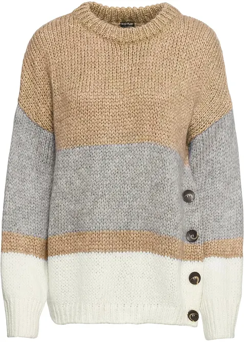 Gestreifter Oversize-Pullover mit Knöpfen in beige von vorne - bonprix