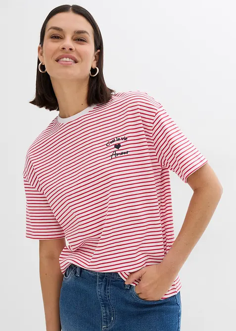 Gestreiftes T-Shirt mit Stickerei in rot von vorne (im Anschnitt) - bonprix